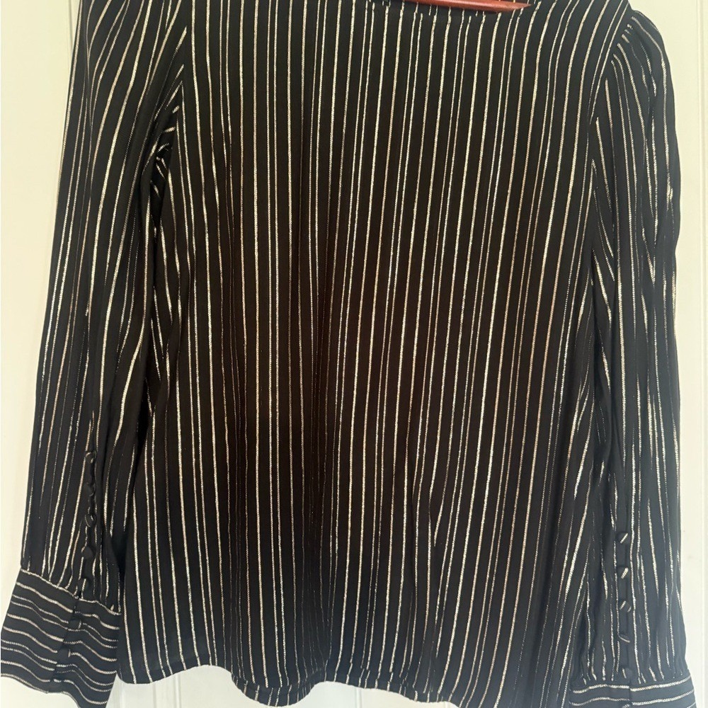 Express Black Gold Striped Long Sleeve Button Blouse Boat Neck Medium